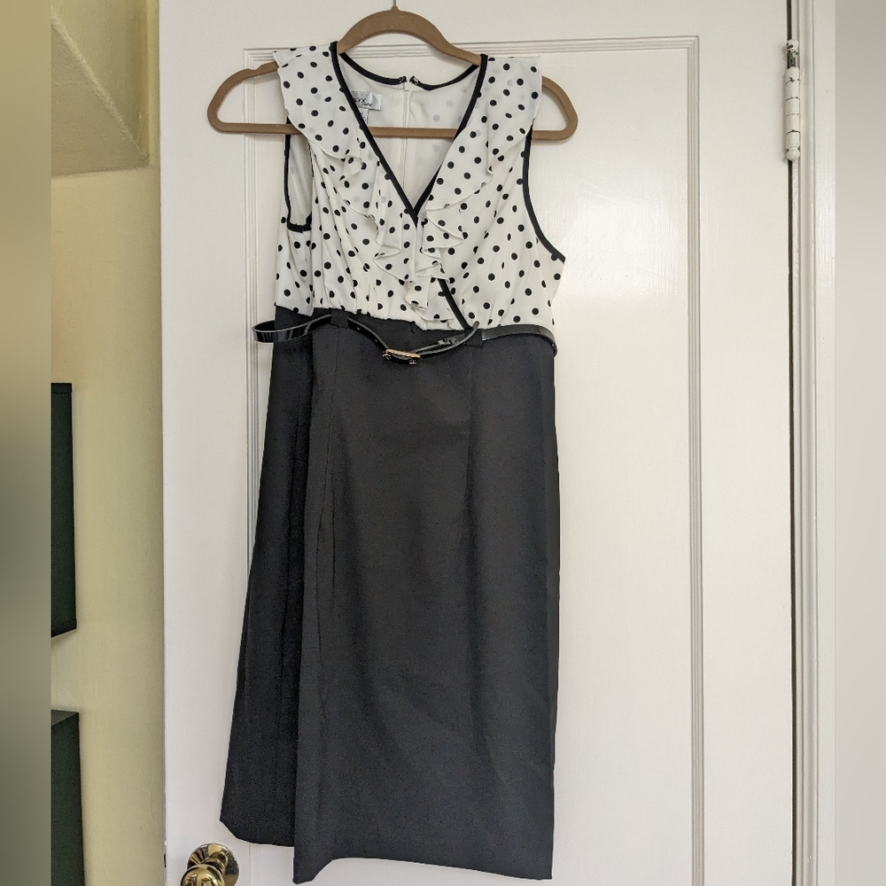 Y2K Vintage Black and White Belted Polkadot Dress - Size 10